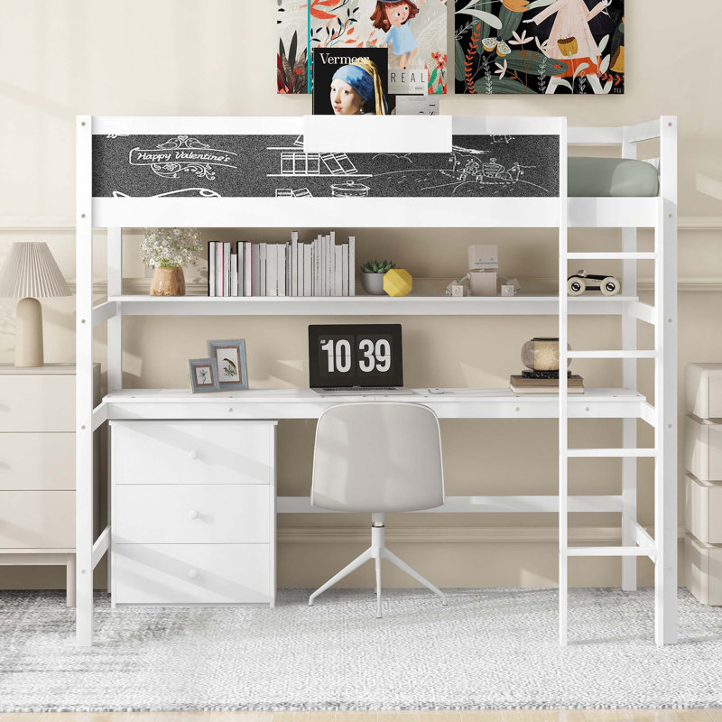 Lit mezzanine simple en bois avec bureau, tableau noir, boîte de rangement, tablette et 3 tiroirs, Blanc