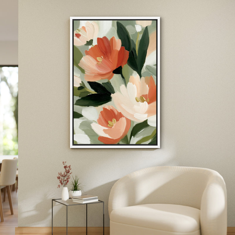 Art mural sur toile rouge et crème à motif floral moderne - décoration florale moderne pour le salon ou la chambre à coucher