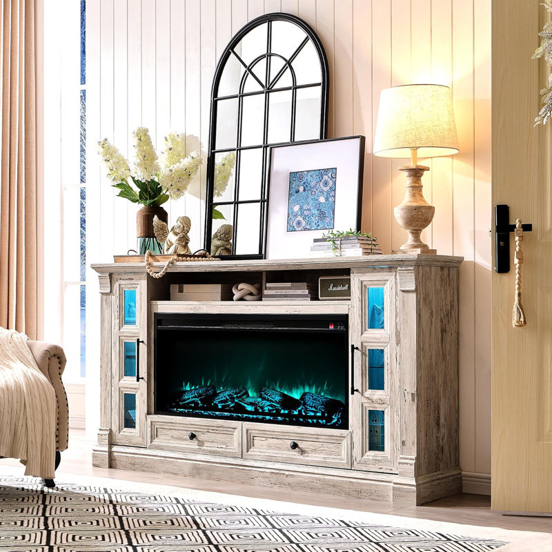 Farmhouse Tv Stand With Electric Fireplace, Antique Brush White