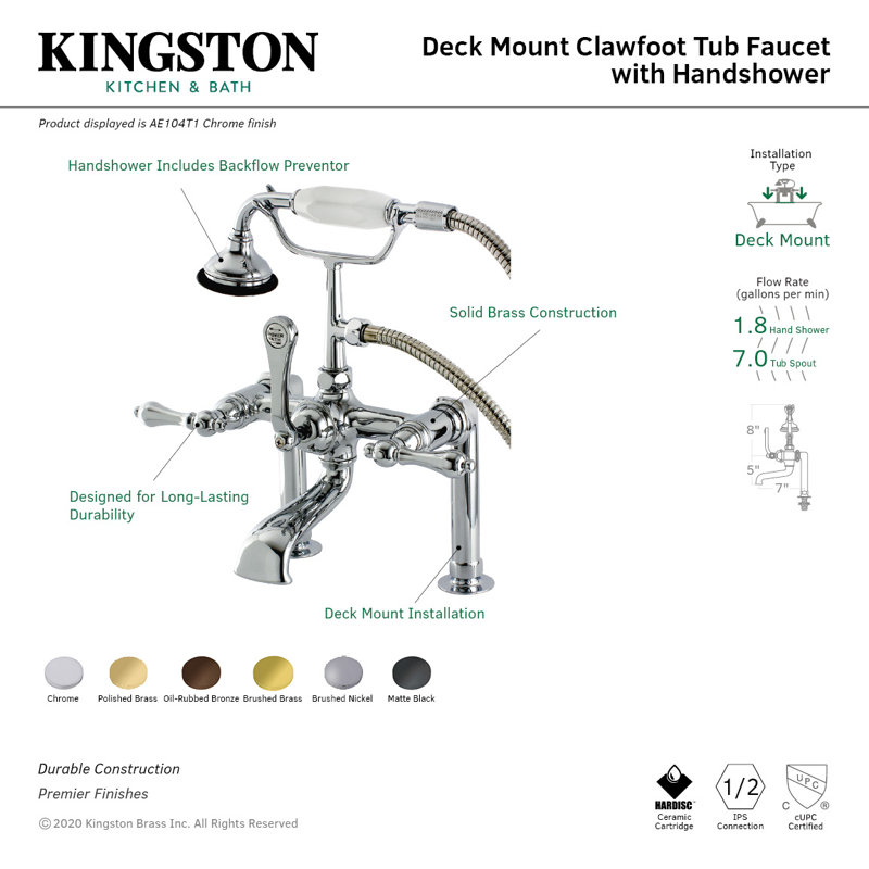 Robinet pour baignoire à pattes à 3 poignées et fixation sur le comptoir à 3 trous et cuivres Kingston, Laiton poli