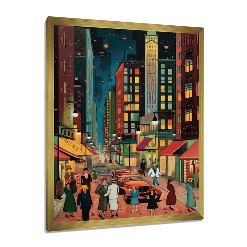 Art déco rétro City Life I - Fashion Woman, art mural encadré, Cadre doré simple, H 32 po x l 24 po x P 1 po