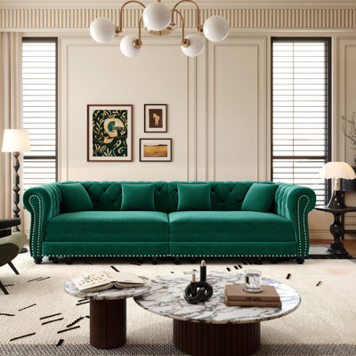 Canapé-lit 89 po en velours, canapé-lit convertible escamotable, canapé-lit Chesterfield rembourré avec 4 coussins, vert