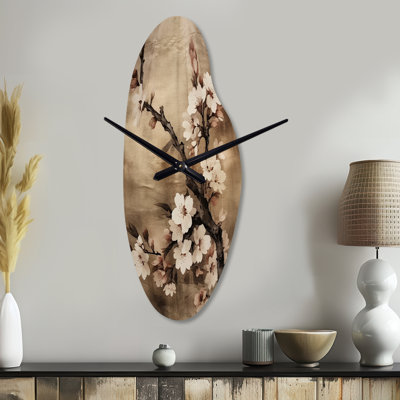 Powar Cherry Blossoms Brown Dark Solitude I - Cherry Curved Metal Wall Clock, Traditional Asymmetrical Wall Clock Print