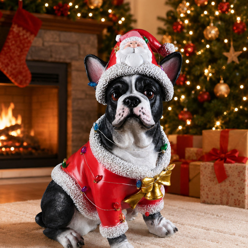 Statue de Noël bouledogue français de Noël, figurine de chien des Fêtes en tenue de père Noël pour la décoration intérieure