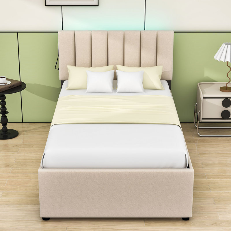 Lit plateforme tapissier simple avec lumières DEL et lit gigogne Radena, Beige
