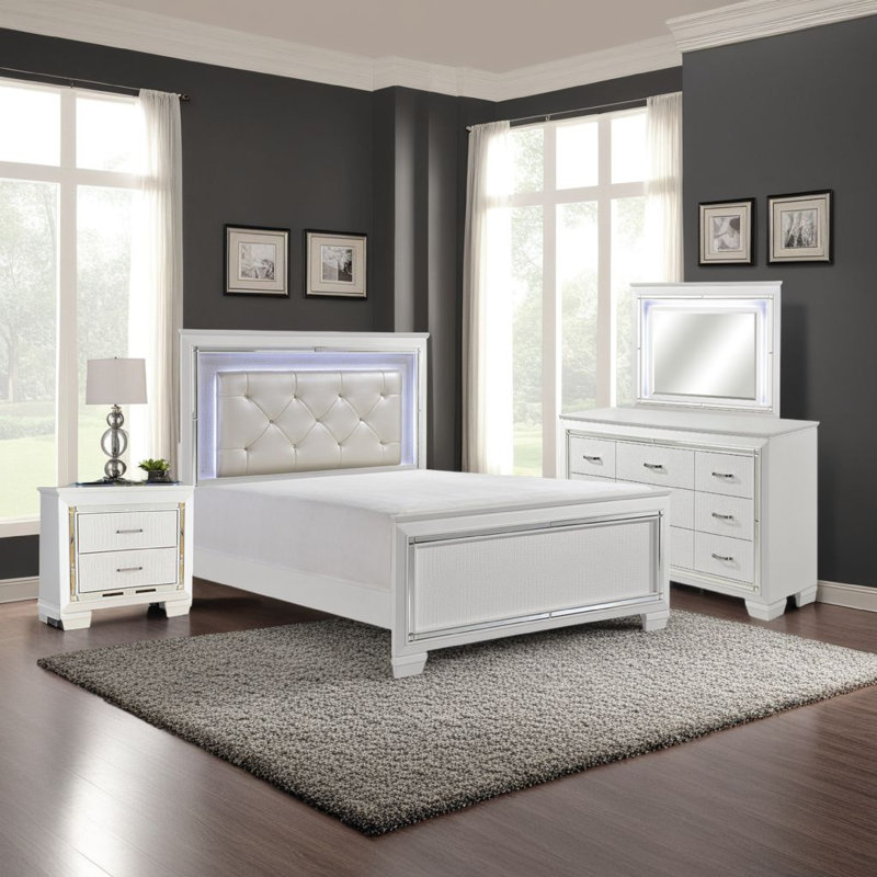 Alen 4 Pc California King Bedroom Set, Button Tufting, Mirror Trim, White, California King