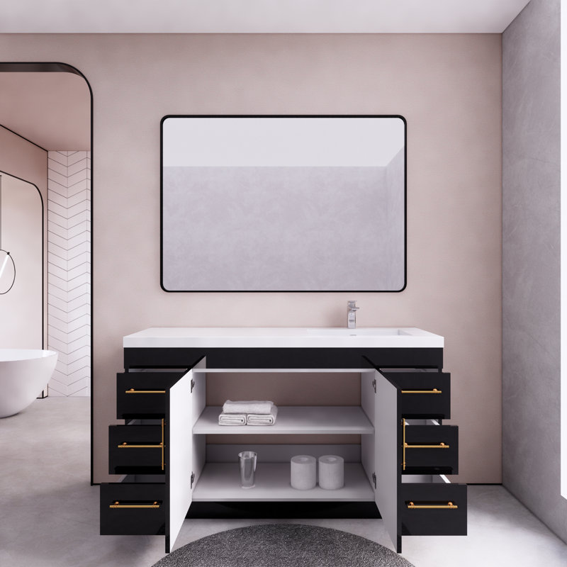 Meuble-lavabo sur pied avec lavabo en acrylique renforcé Verda, Noir lustré