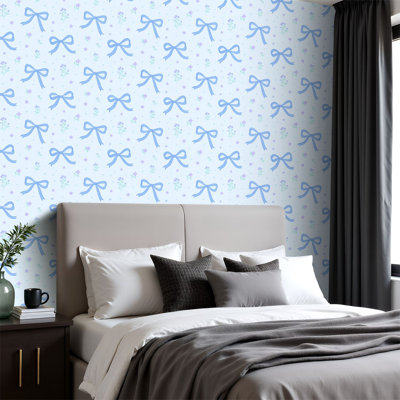 Peel and Stick Wallpaper Coquette blue ribbon bow checkered white Trendy girls Wall Mural 23.6"W x 118"H Self Adhesive Removable Wall Paper Renter Friendly Wallpaper for Nursery Bedroom Cabinets