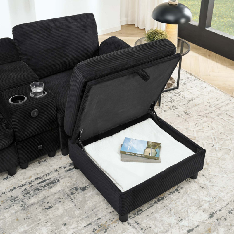 Canapé modulaire moderne en L avec rangement tout-en-un, poches d'accoudoirs de rangement latérales, console centrale avec porte-gobelet, repose-pieds avec rangement relevable, siège multi-siège confortable