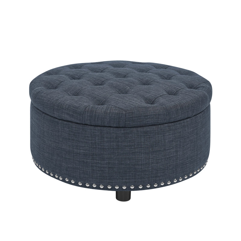 29.9'' Wide Tufted Round Ottoman with Storage, Dark Blue Polyester