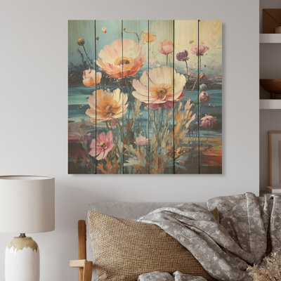 Multicolor Flowers Field Liquid Art - Flower Field Wood Wall Art On Natural Pine Wood