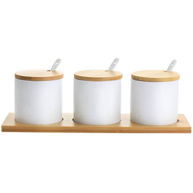 3 Porcelain Jars Spice Condiment Jar Spice Container Set With Wooden Lid,  Spoon and Tray. Marble Design 