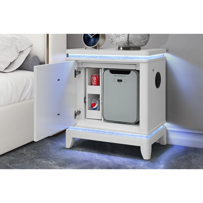 Table de chevet blanche avec glacière, USB et haut-parleur Adalid
