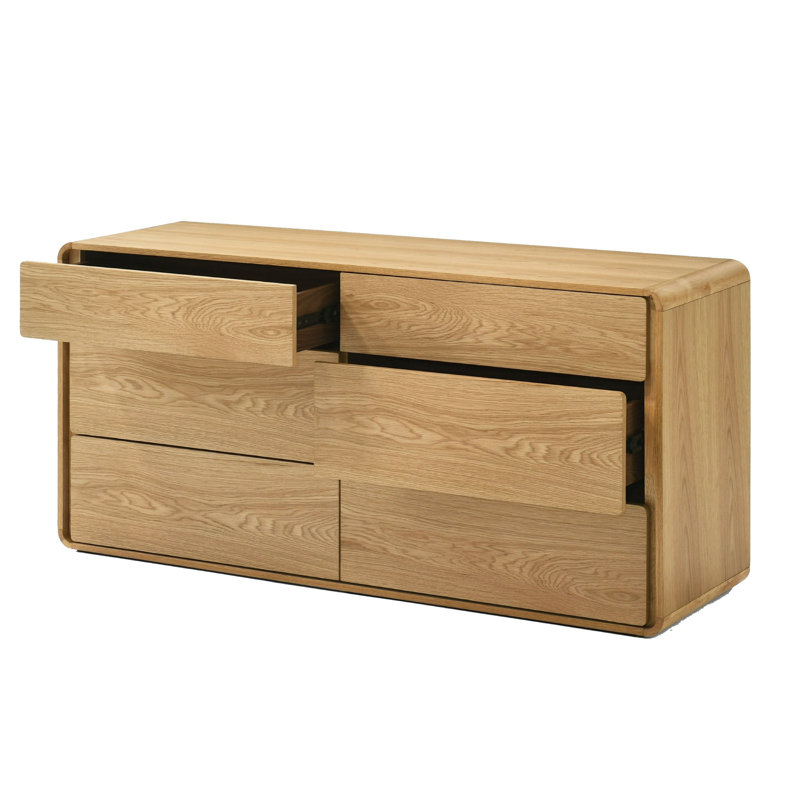 Commode Aki de 59 po de largeur, 6 tiroirs, bois d'hévéa naturel brun et placage