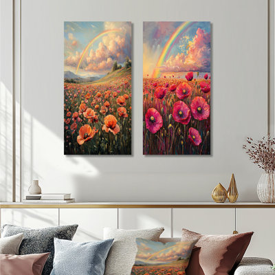 Rainbow Over The Poppy Fields I - Landscapes Canvas Art 2 Panels Collection