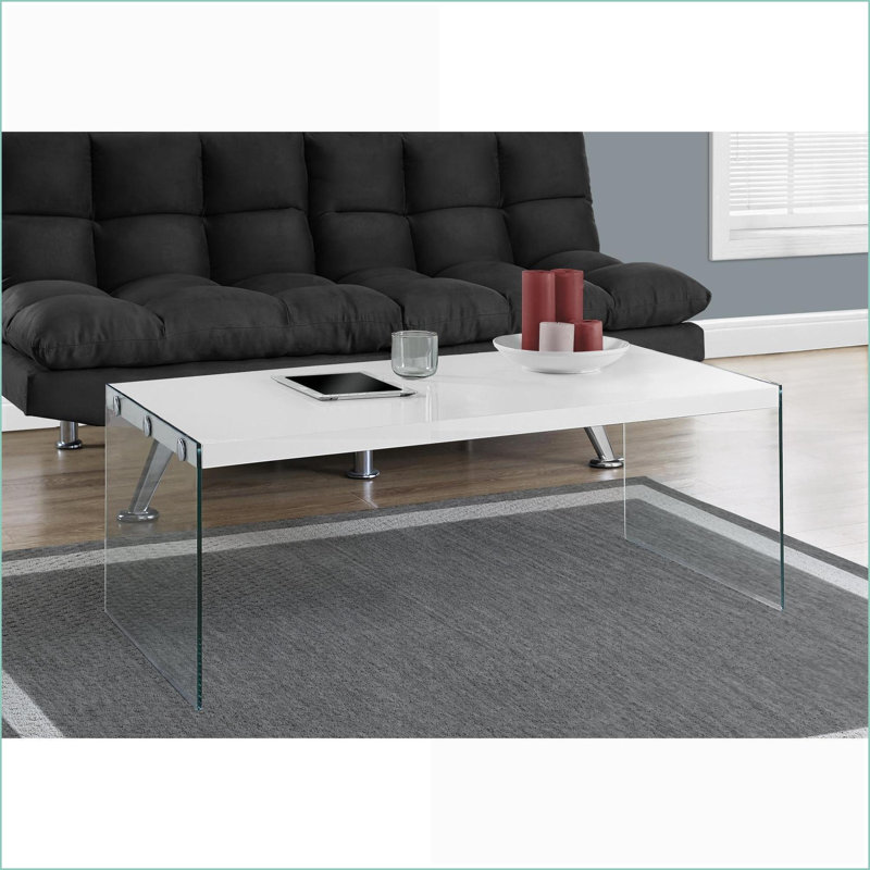 Table basse rectangulaire blanche brillante pour le salon, conception en verre trempé facile à nettoyer, Blanc
