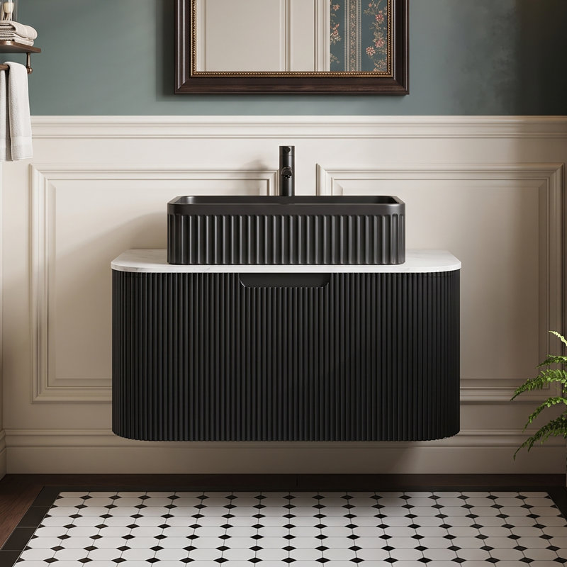 Meuble-lavabo mural simple 29,92 po avec plateau en marbre, Noir
