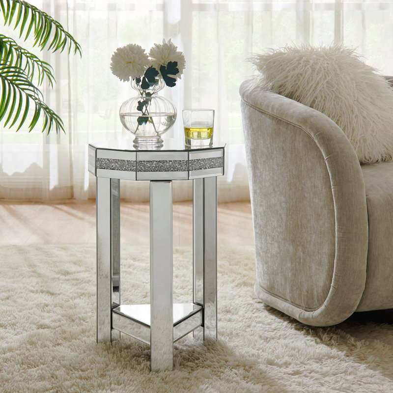 Table de bout à miroir en octogone avec incrustation de cristaux, petit canapé moderne à 2 niveaux avec rangement, table d'appoint décorative argentée pour le salon, la chambre à coucher, le café et les petits espaces l 13,8 po x P 13,8 po x H 21 po