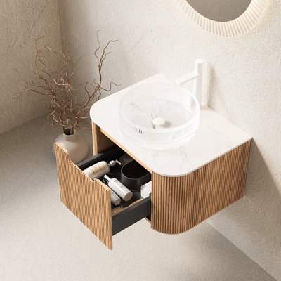 Meuble-lavabo suspendu de 61 cm (24 po) avec lavabo en verre à rayures artistiques, fini bois naturel, grand espace de rangement, facile à nettoyer.