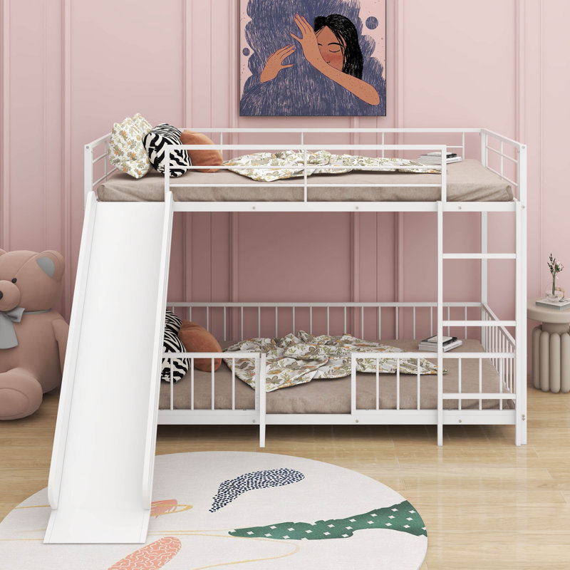 Metal Bunk Bed With Slide And Guardrails, Twin Over Twin, White