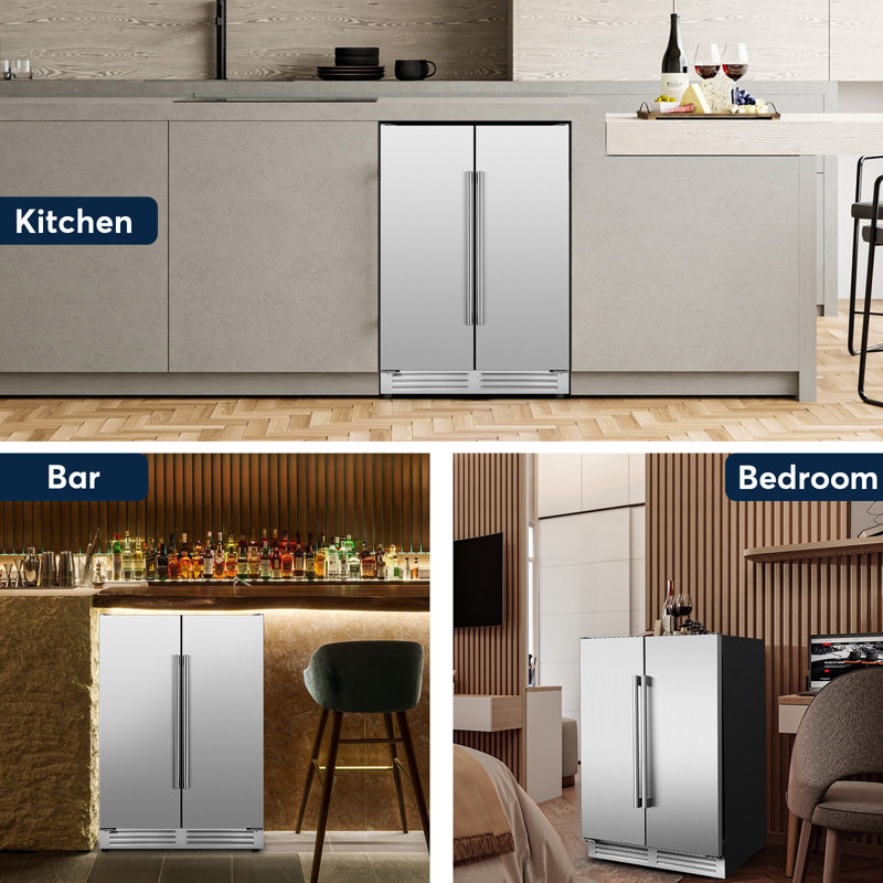 Tittla 24" Silver Beverage Refrigerator with French Doors 150-Can Capacity, Built-in or Freestanding Beer and Drink Cooler