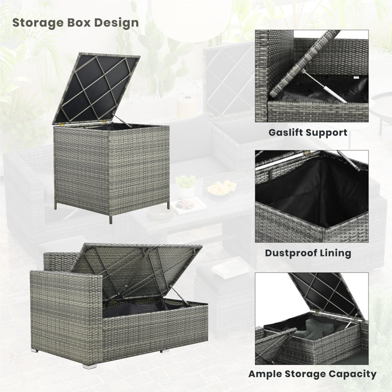 6-Piece All-Weather PE Rattan Patio Sofa Set with Adjustable Seats, Storage Box and Glass Top Table, , Grey, Grey
