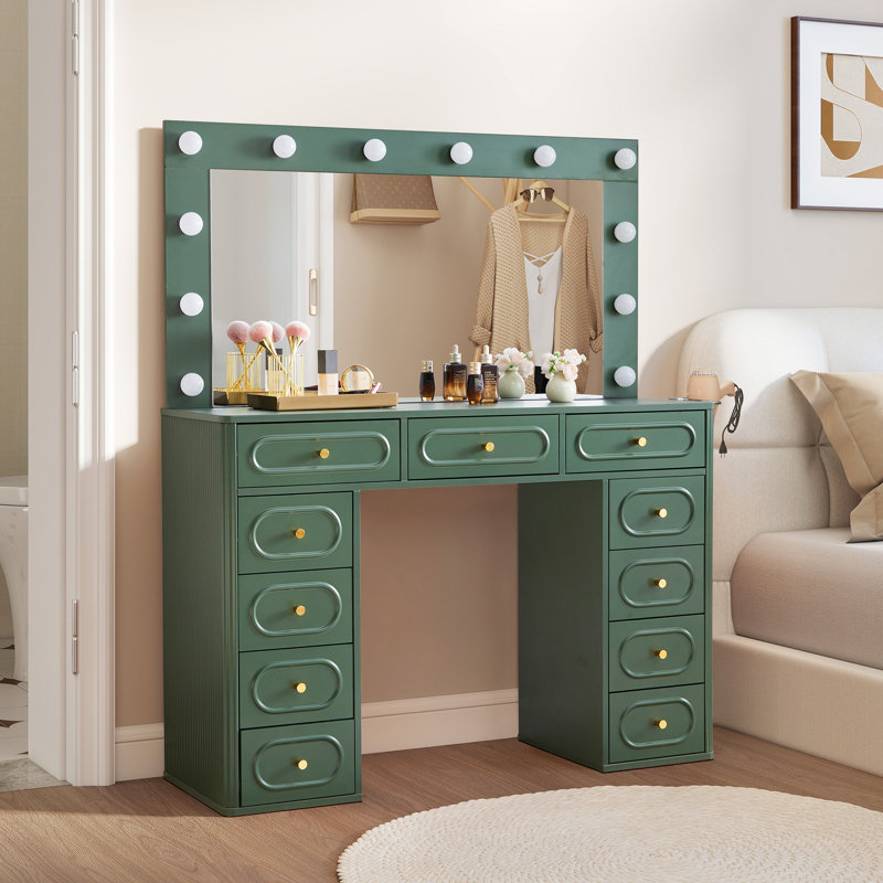 Coiffeuse de maquillage avec prise de courant USB et luminosité réglable à 3 modes, Green