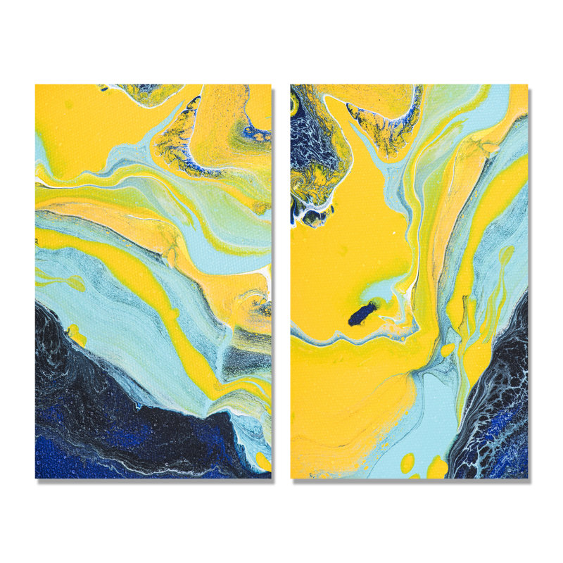 "Dark Blue and Yellow Marble Art III", ensemble de 2 peintures sur toiles, Toile tendue, H 20 po x l 24 po x P 1 po