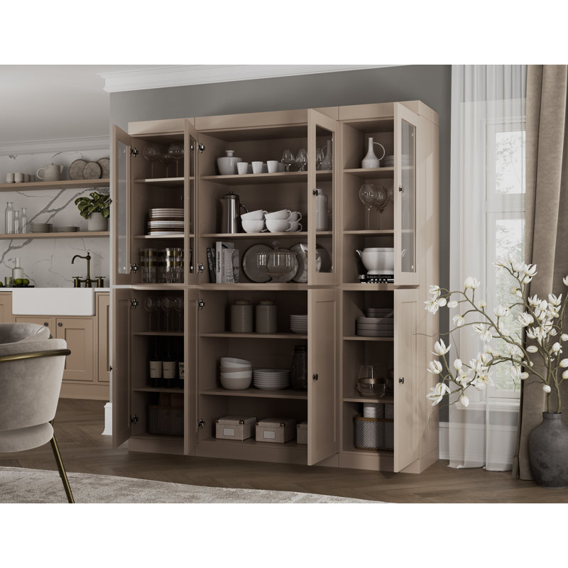100% Solid Wood 65" Pantry China Cabinet with Clear Glass, Shaker Doors and Adjustable Shelves, Beige
