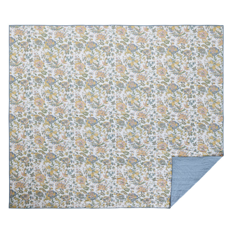  Courtepointe réversible en coton bleu / beige / vert standard, Très grand californien