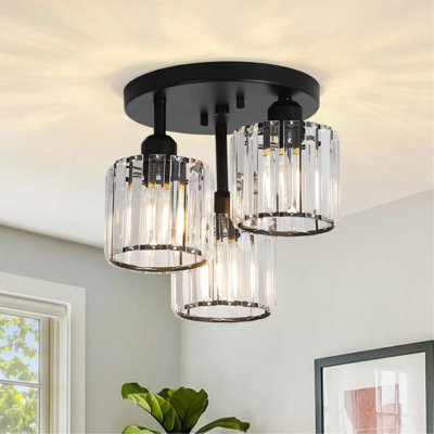 Crystal Semi Flush Mount Ceiling Light,3-Light Modern Close to Ceiling Light Fixtures, Kitchen Light Fixtures with Clear Crystal Shade,Hallway Light Fixtures for Hallway Bedroom Bathroom