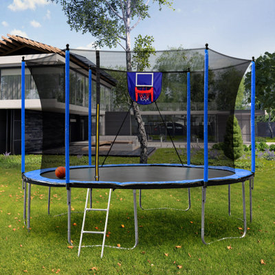 Trampoline rond extérieur pour enfants et adultes de 15 pi avec panier de basketball et filet Alvantor - bleu