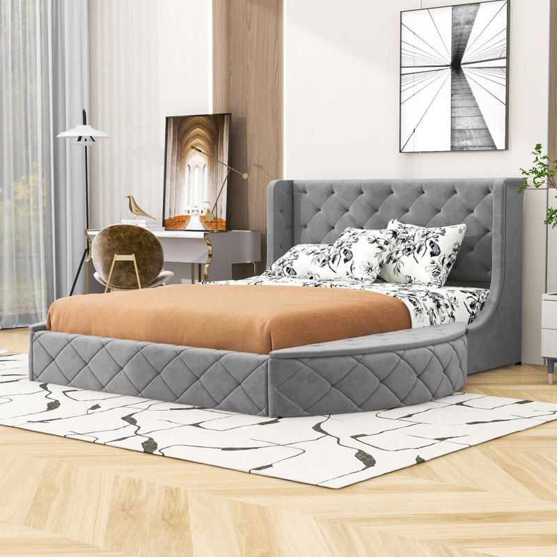 Asruddin Upholstered Platform Bed with 1 Drawer and 2 Side Storage Stool, Gray