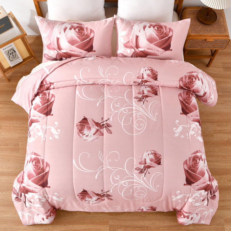 Ensemble de literie 3 pièces réversible rose en microfibre toutes saisons, Édredon pour grand lit + 2 taies décoratives pou