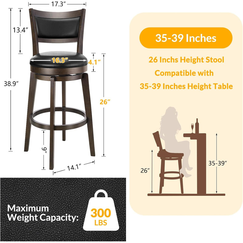 Faux Leather Swivel Stools Set of 1 with High Backrest & Solid Wood Legs & Wrap-around Footrest for Kitchen Island, Pub, 26inch