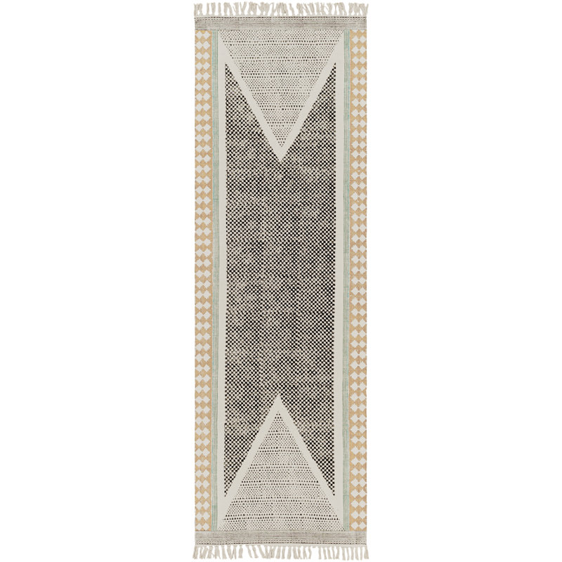 Tapis géométrique en coton tissé à plat noir / bleu sarcelle / moutarde / beige clair Olmstead