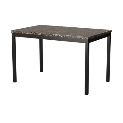 Table de salle à manger transitionnelle pour 4, plateau en faux marbre brun, pieds en métal noir, pieds de style simple