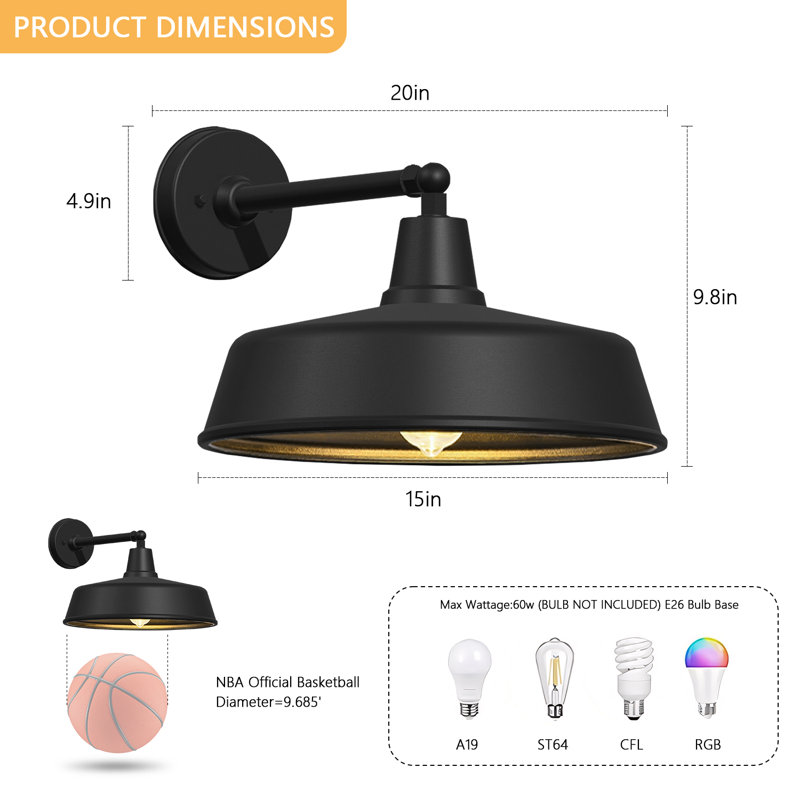 Luminaire de grange, H 9,8 po x l 15 po x P 20 po