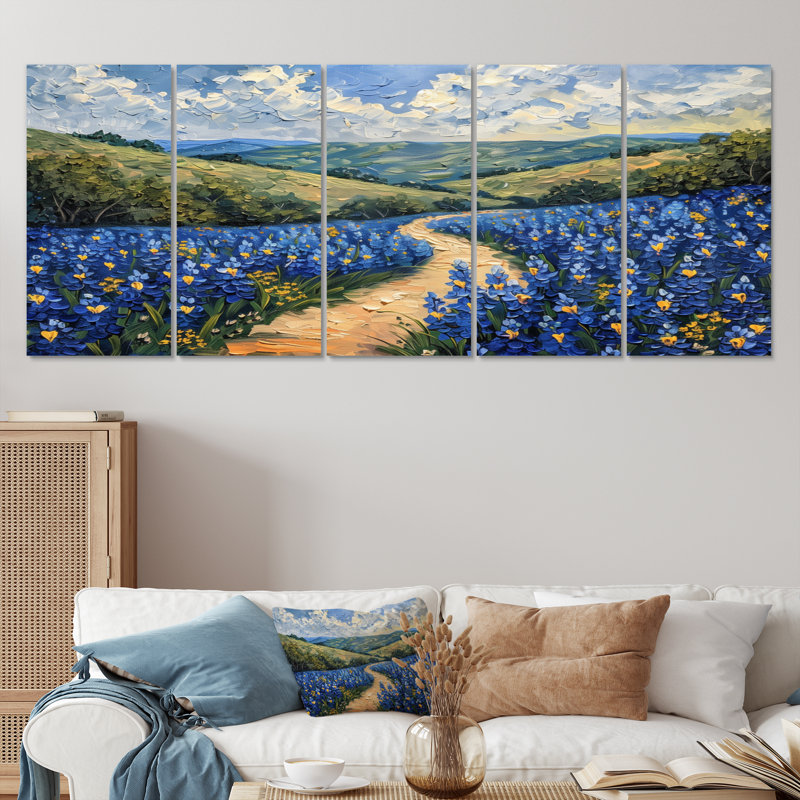 «Blue Green Meadow Charm Blue Bonnets» - ensemble d'art sur toile Blue Bonnets, H 32 po x l 80 po
