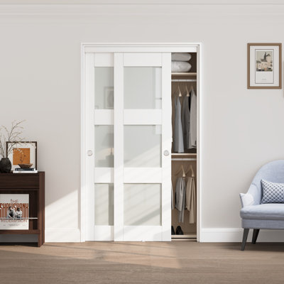 80" White 3-Lite Tempered Frosted Glass Sliding Closet Door, Space-Saving Pantry Interior Door with Complete Hardware Kit & Pre installed handle