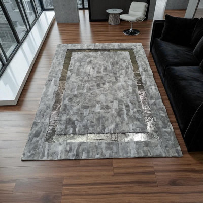Gray Rabbit Fur Rug With Shiny Border, Soft Rex Rabbit Carpet, Custom Size Rectangular Area Rug, Luxury Fur Living Room Rug_6 X 9 Ft