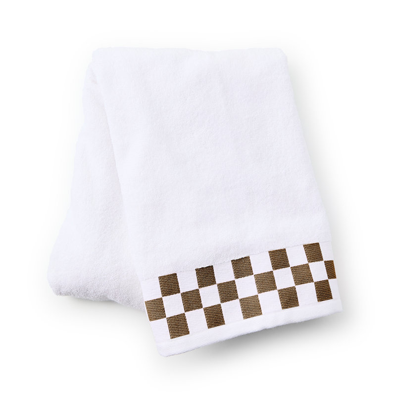 Bath Towel with Check Border, Brown/White