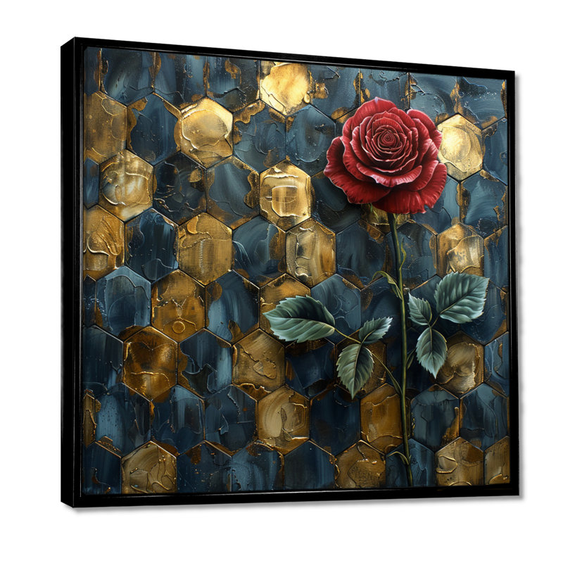 Rose rouge, hexagone doré, bleu, salon, art mural, Toile avec cadre flottant noir, H 16 po x l 16 po x P 1 po