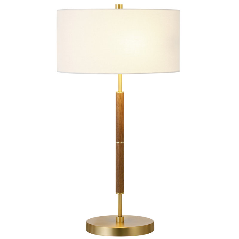  Simone 25" Tall 2-Light Table Lamp with Fabric Shade in Rustic Oak/Brass/White, Rustic Oak/Brass