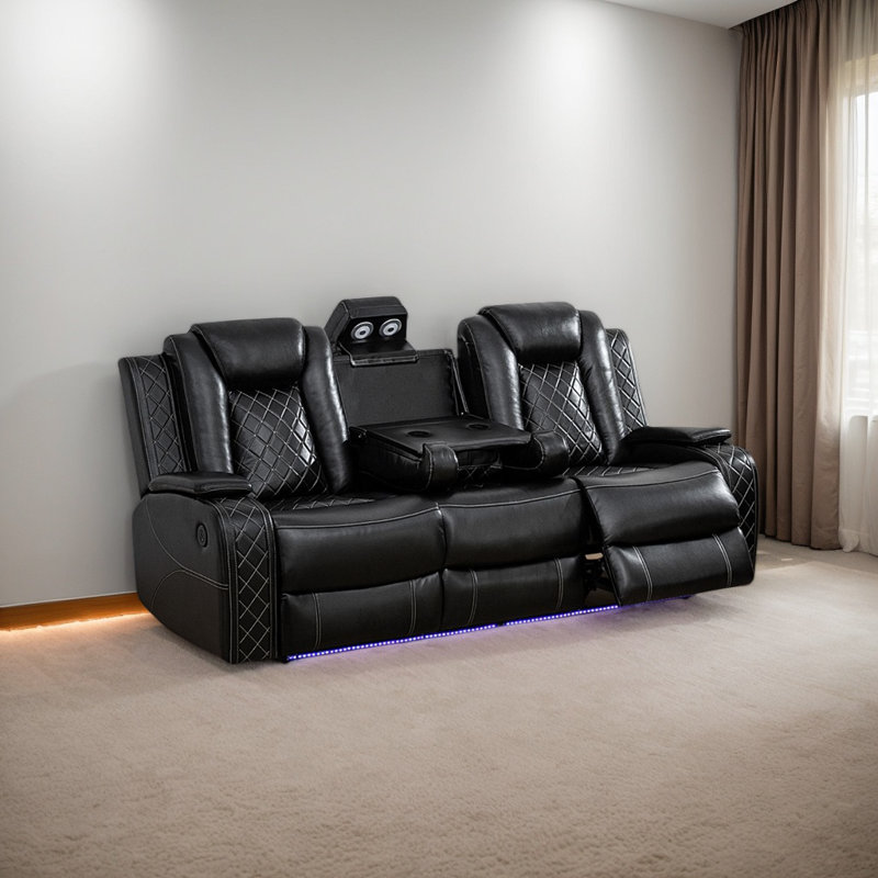 Canapé inclinable électrique 84 po en cuir respirant avec DEL et lampe de lecture, recharge USB et sans fil