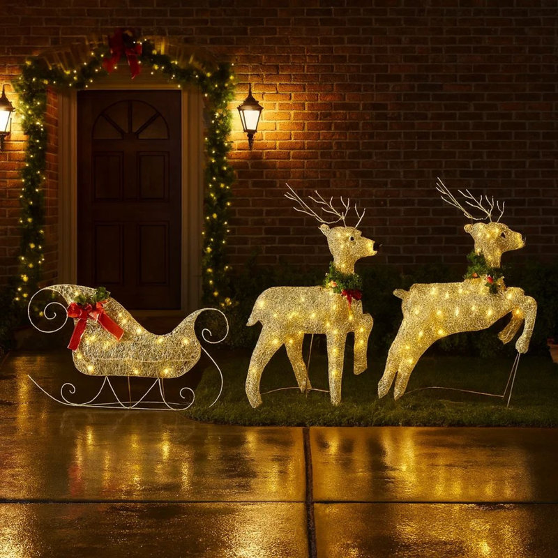 Décoration de Noël renne et traîneau 4 pièces Garden, 100 Leds, or