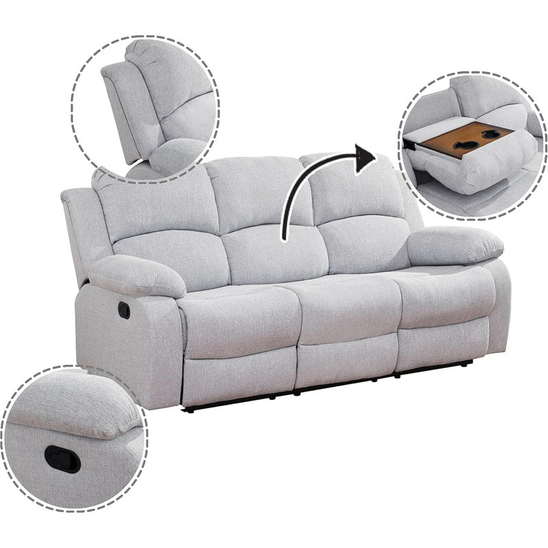 78.5"Pillow Top Arm  Reclining Sofa with Drop down table and Cupholders, Gray Linen
