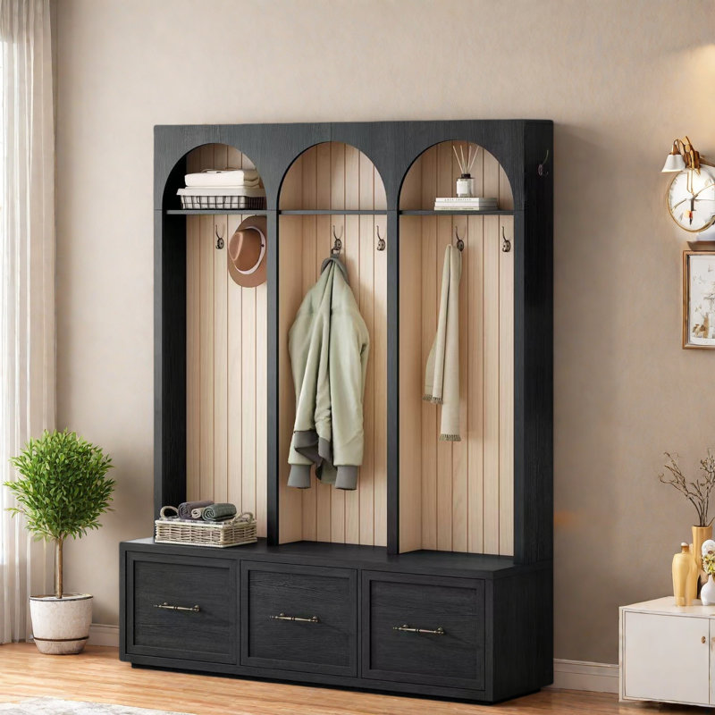 Farmhouse Wooden Style Hall Tree With Arched Design, Bench, 8 Retro Hooks, And 3 Drawers, Black