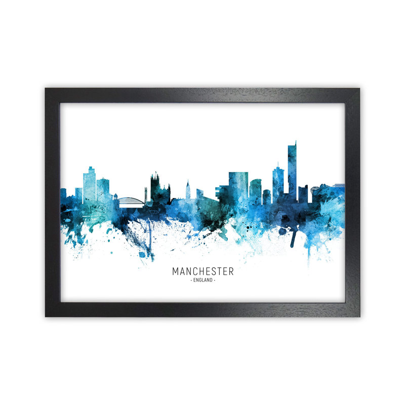 Manchester England Skyline Blue City Name by Michael Tompsett - Print, 34cm H x 46cm W x 3cm D, Black Framed