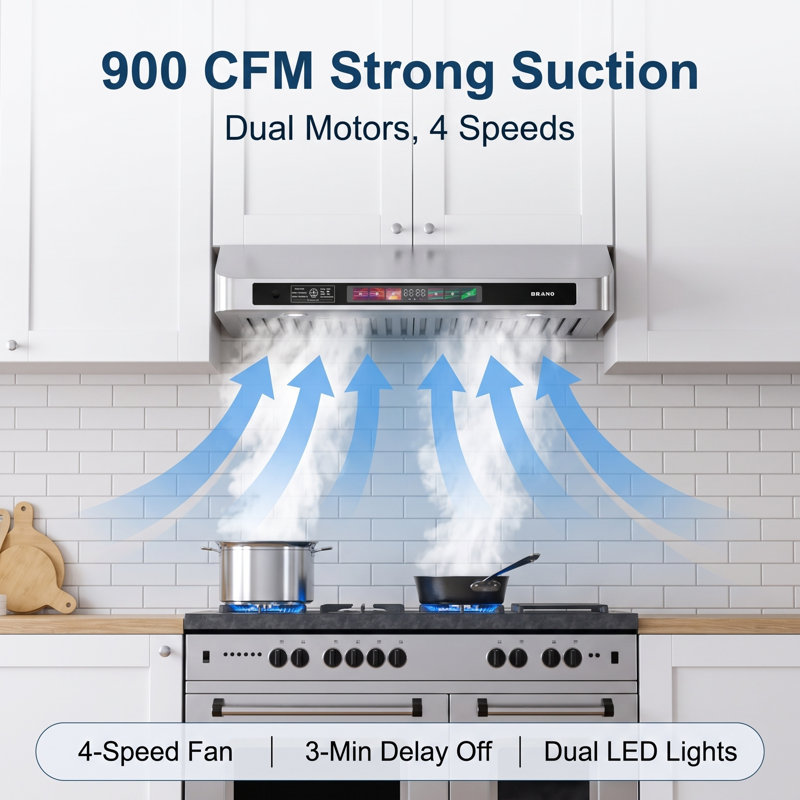 900 CFM Under Cabinet Range Hood 30 Inch, Voice/Gesture/Touch Control, 4-Speed Exhaust Fan Stainless Steel Kitchen Vent Hood with Memory Function, LED Lights